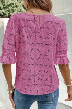 Sale Dear-Lover Flower Eyelet Jacquard Keyhole Flounce Sleeve Top Bright Pink