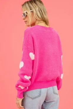 Clearance Dear-Lover Fuzzy Valentine Hearts Drop Shoulder Sweater Bright Pink
