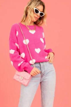 Clearance Dear-Lover Fuzzy Valentine Hearts Drop Shoulder Sweater Bright Pink