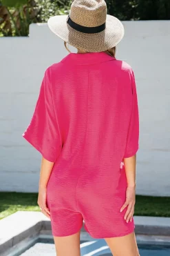 Best Dear-Lover Half Button Collared Loose Romper Bright Pink