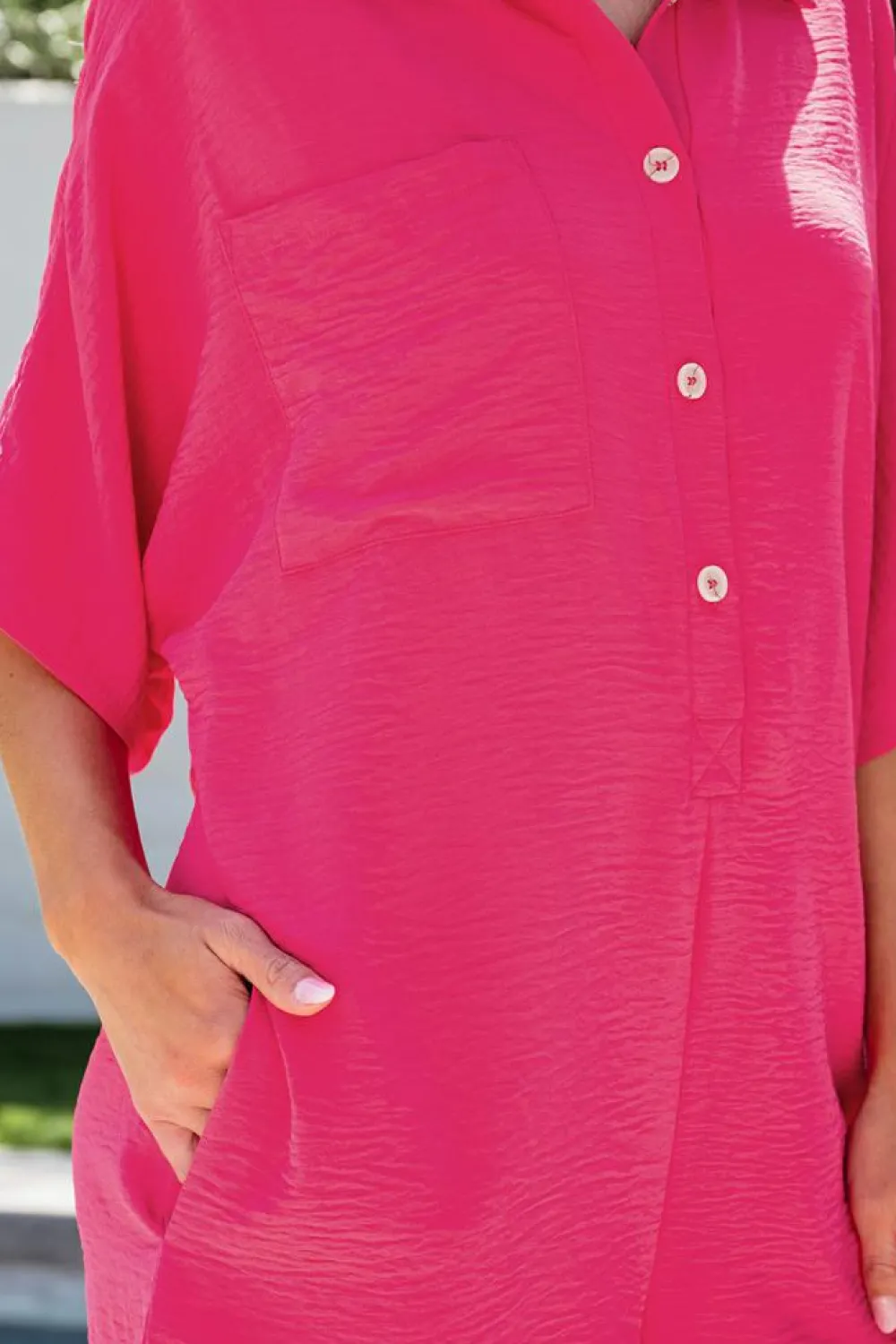 Best Dear-Lover Half Button Collared Loose Romper Bright Pink