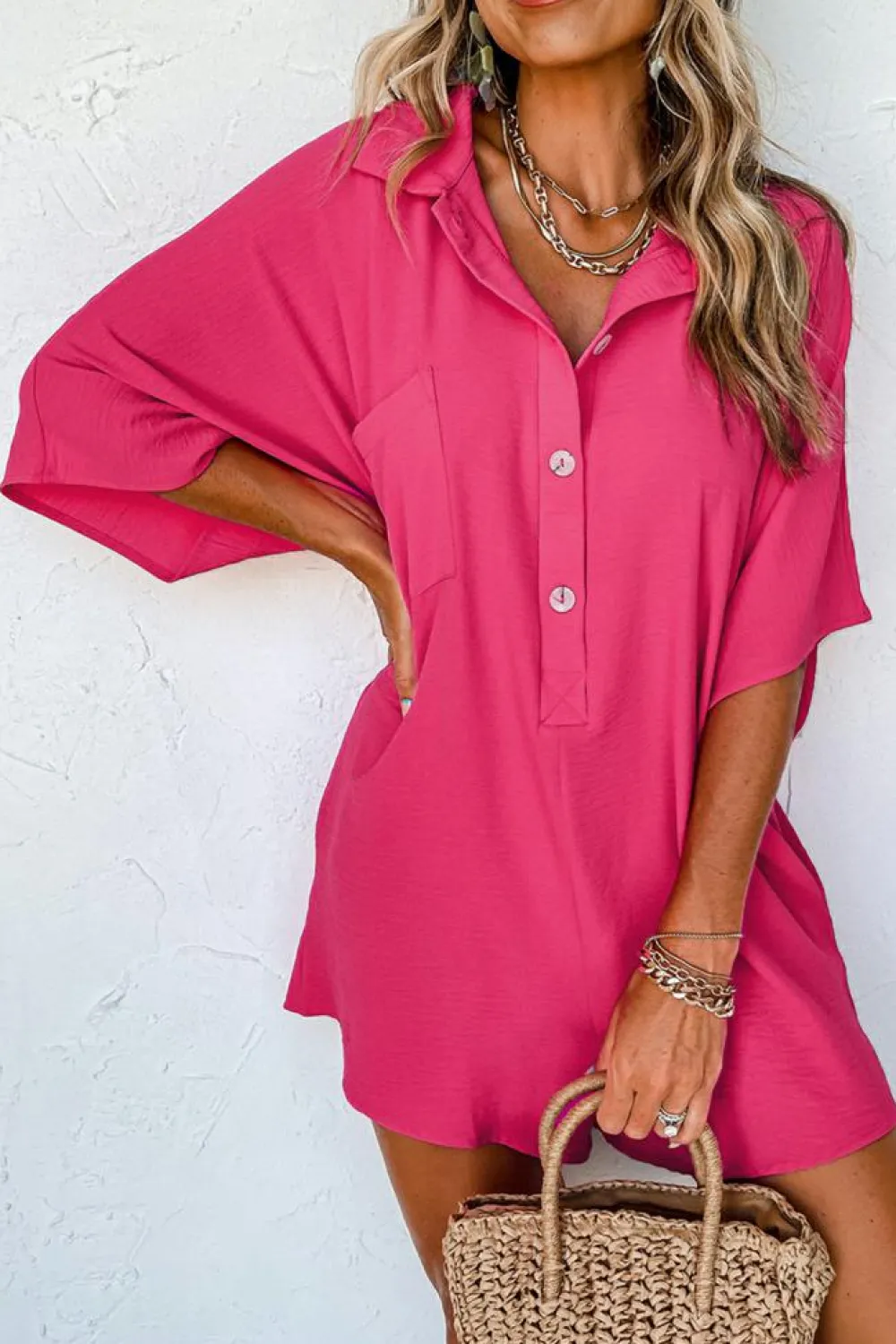 Best Dear-Lover Half Button Collared Loose Romper Bright Pink