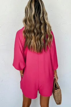 Best Dear-Lover Half Button Collared Loose Romper Bright Pink
