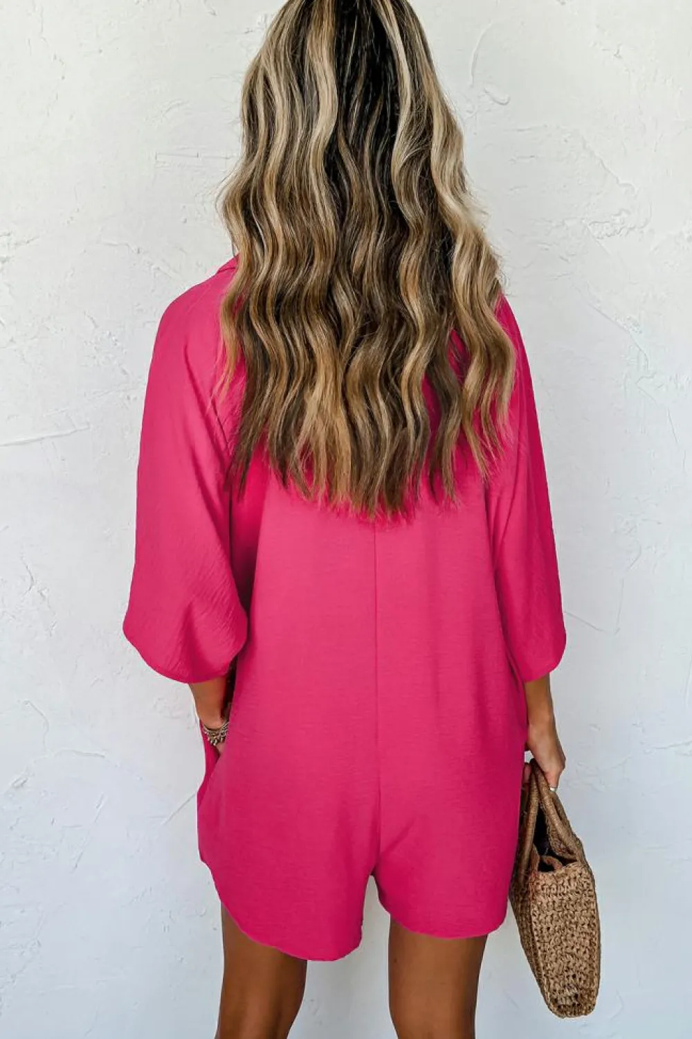 Best Dear-Lover Half Button Collared Loose Romper Bright Pink