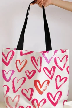 Best Dear-Lover Heart Shape Print Canvas Large Tote Bag Bright Pink