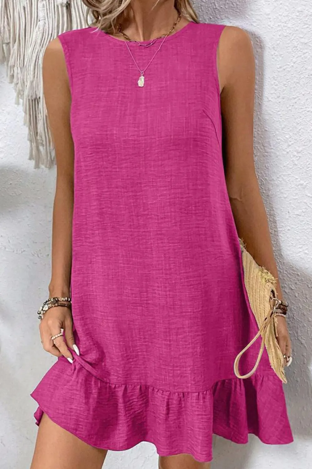 Hot Dear-Lover Knot Scoop Back Ruffle Hem Sleeveless Mini Dress Bright Pink