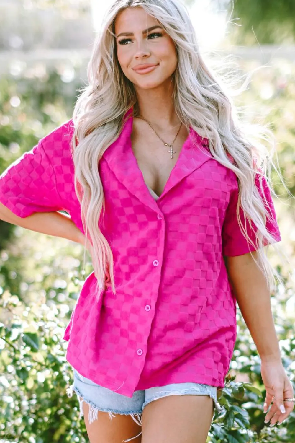 Sale Dear-Lover Lapel Neck Checkered Textured Short Sleeve Shirt Bright Pink
