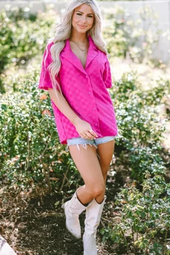 Sale Dear-Lover Lapel Neck Checkered Textured Short Sleeve Shirt Bright Pink