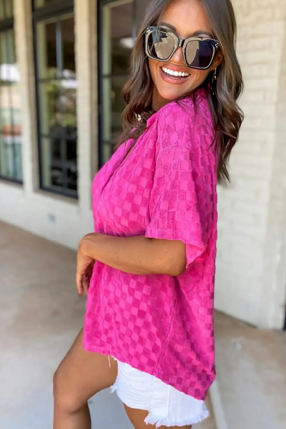 Sale Dear-Lover Lapel Neck Checkered Textured Short Sleeve Shirt Bright Pink