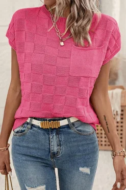 Clearance Dear-Lover Lattice Textured Knit Short Sleeve Sweater Bright Pink