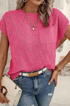Clearance Dear-Lover Lattice Textured Knit Short Sleeve Sweater Bright Pink