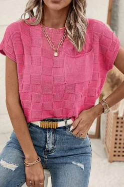 Clearance Dear-Lover Lattice Textured Knit Short Sleeve Sweater Bright Pink