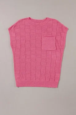 Clearance Dear-Lover Lattice Textured Knit Short Sleeve Sweater Bright Pink
