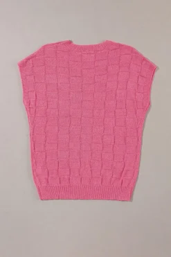 Clearance Dear-Lover Lattice Textured Knit Short Sleeve Sweater Bright Pink