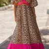 Discount Dear-Lover Leopard Colorblock Patchwork Bubble Sleeve Maxi Dress Bright Pink