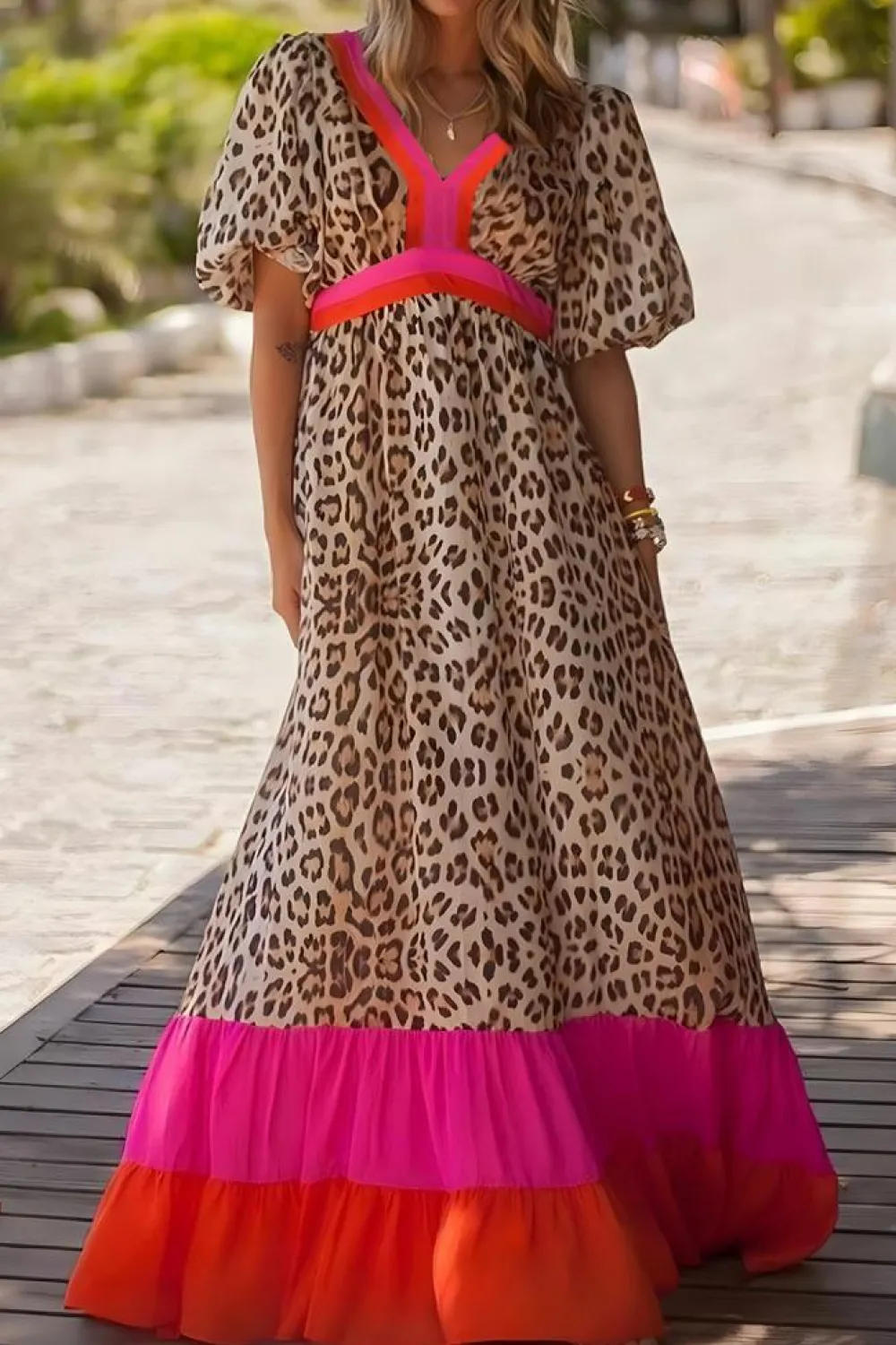 Discount Dear-Lover Leopard Colorblock Patchwork Bubble Sleeve Maxi Dress Bright Pink