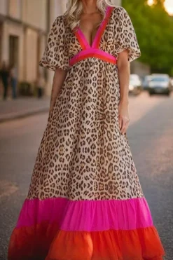 Discount Dear-Lover Leopard Colorblock Patchwork Bubble Sleeve Maxi Dress Bright Pink