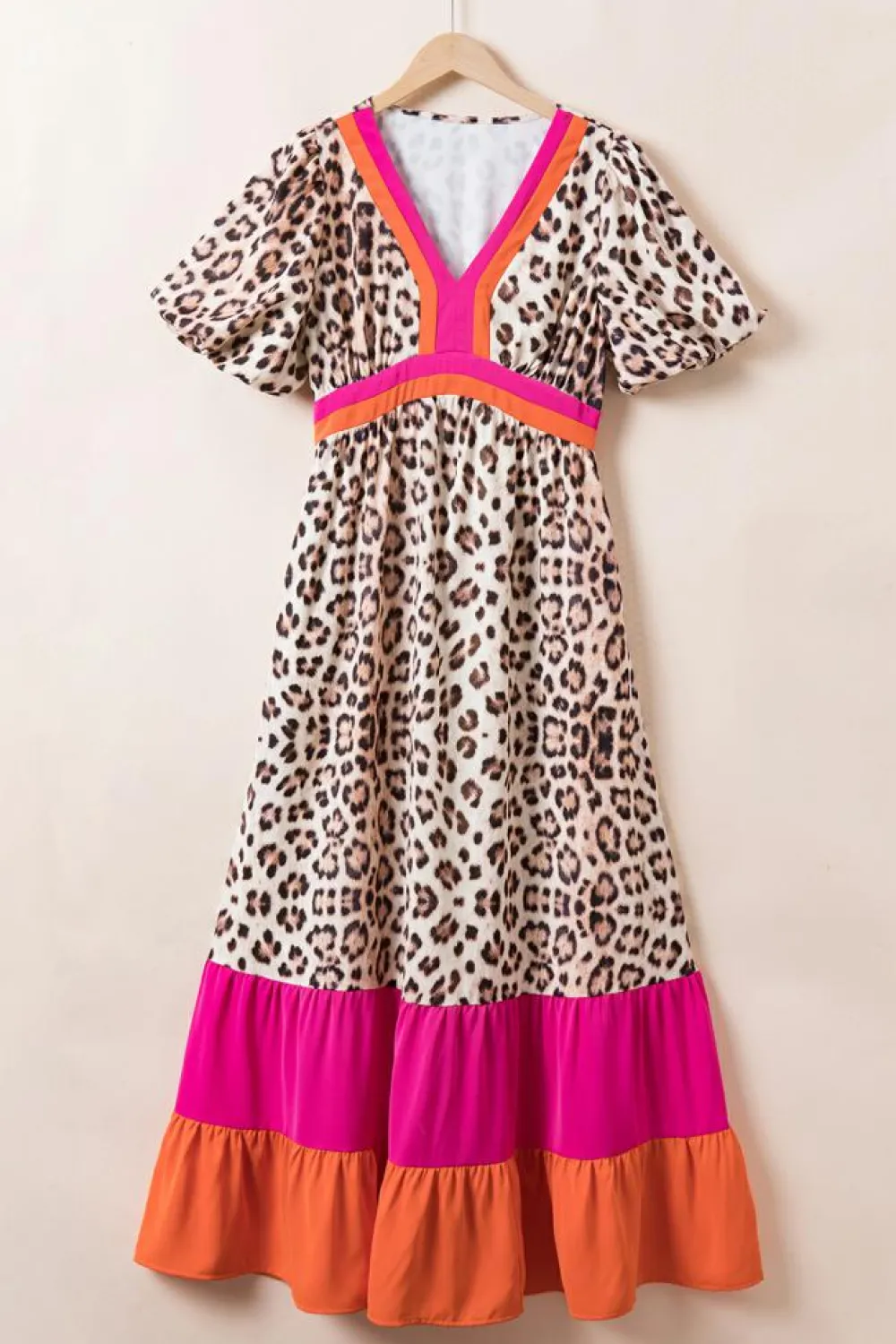 Discount Dear-Lover Leopard Colorblock Patchwork Bubble Sleeve Maxi Dress Bright Pink
