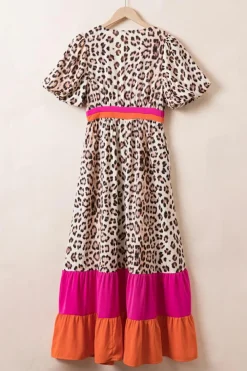 Discount Dear-Lover Leopard Colorblock Patchwork Bubble Sleeve Maxi Dress Bright Pink