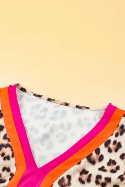 Discount Dear-Lover Leopard Colorblock Patchwork Bubble Sleeve Maxi Dress Bright Pink