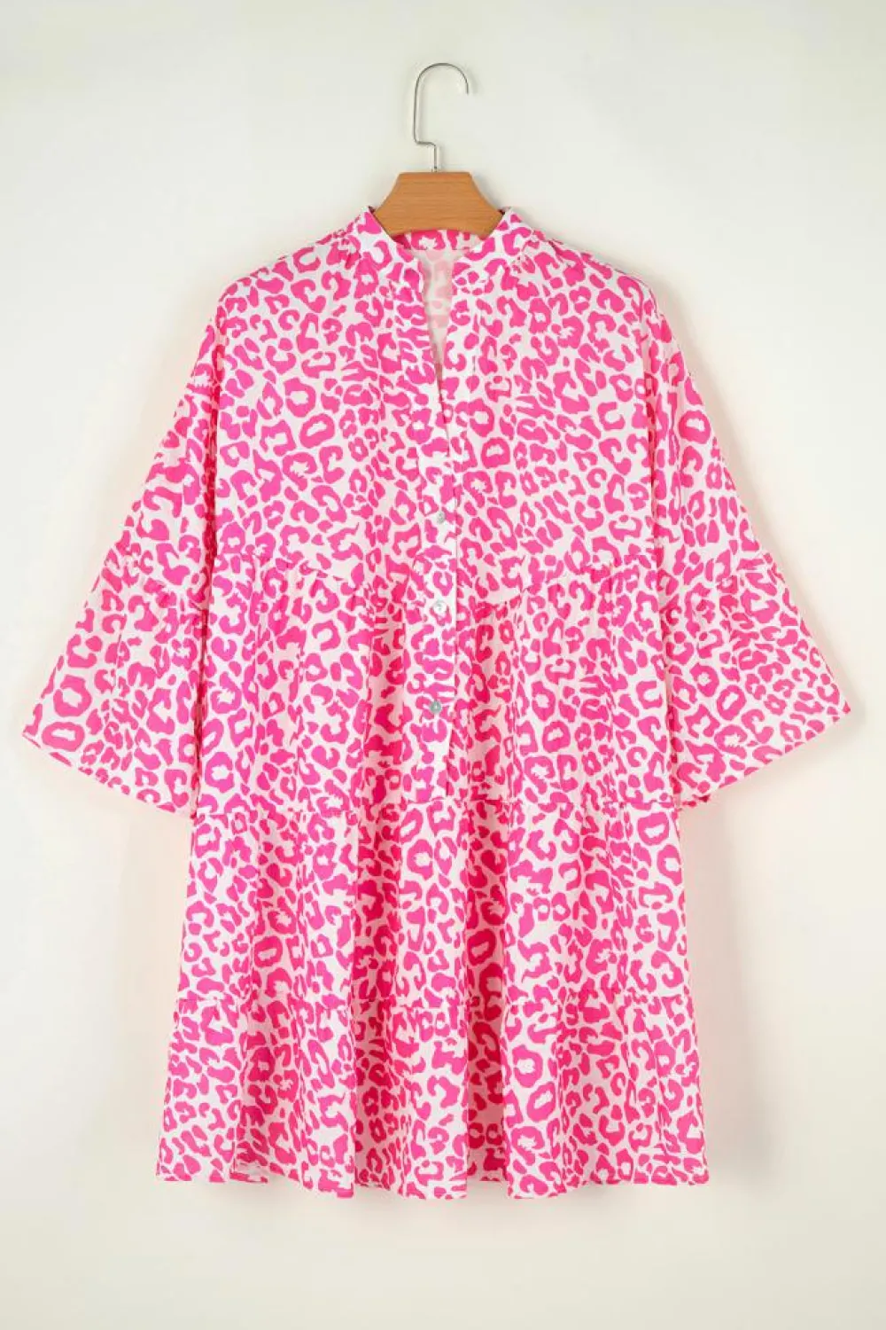 Discount Dear-Lover Leopard Printed Long Sleeve Buttoned Front Mini Dress Bright Pink