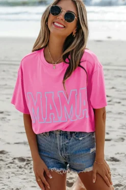 Online Dear-Lover MAMA Letter Graphic Neon T Shirt Bright Pink