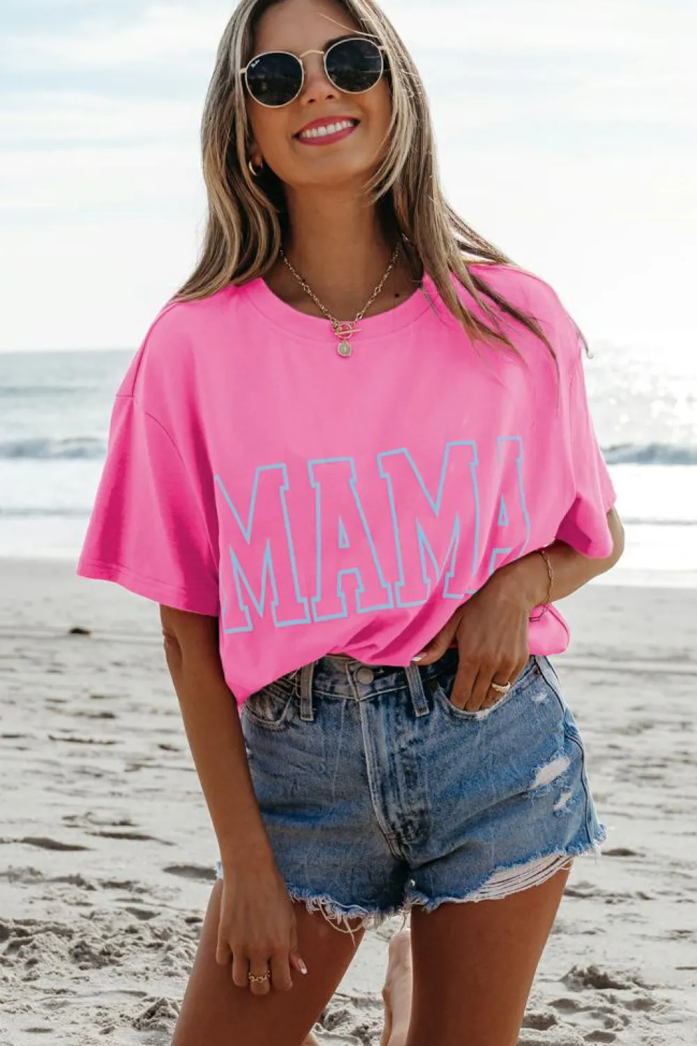 Online Dear-Lover MAMA Letter Graphic Neon T Shirt Bright Pink