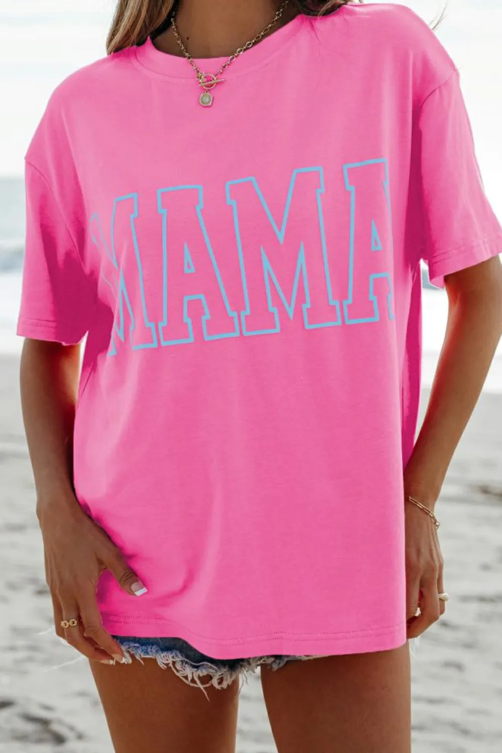 Online Dear-Lover MAMA Letter Graphic Neon T Shirt Bright Pink
