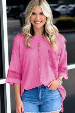 Outlet Dear-Lover Oversized Mineral Wash Textured Bracelet Sleeve Top Bright Pink