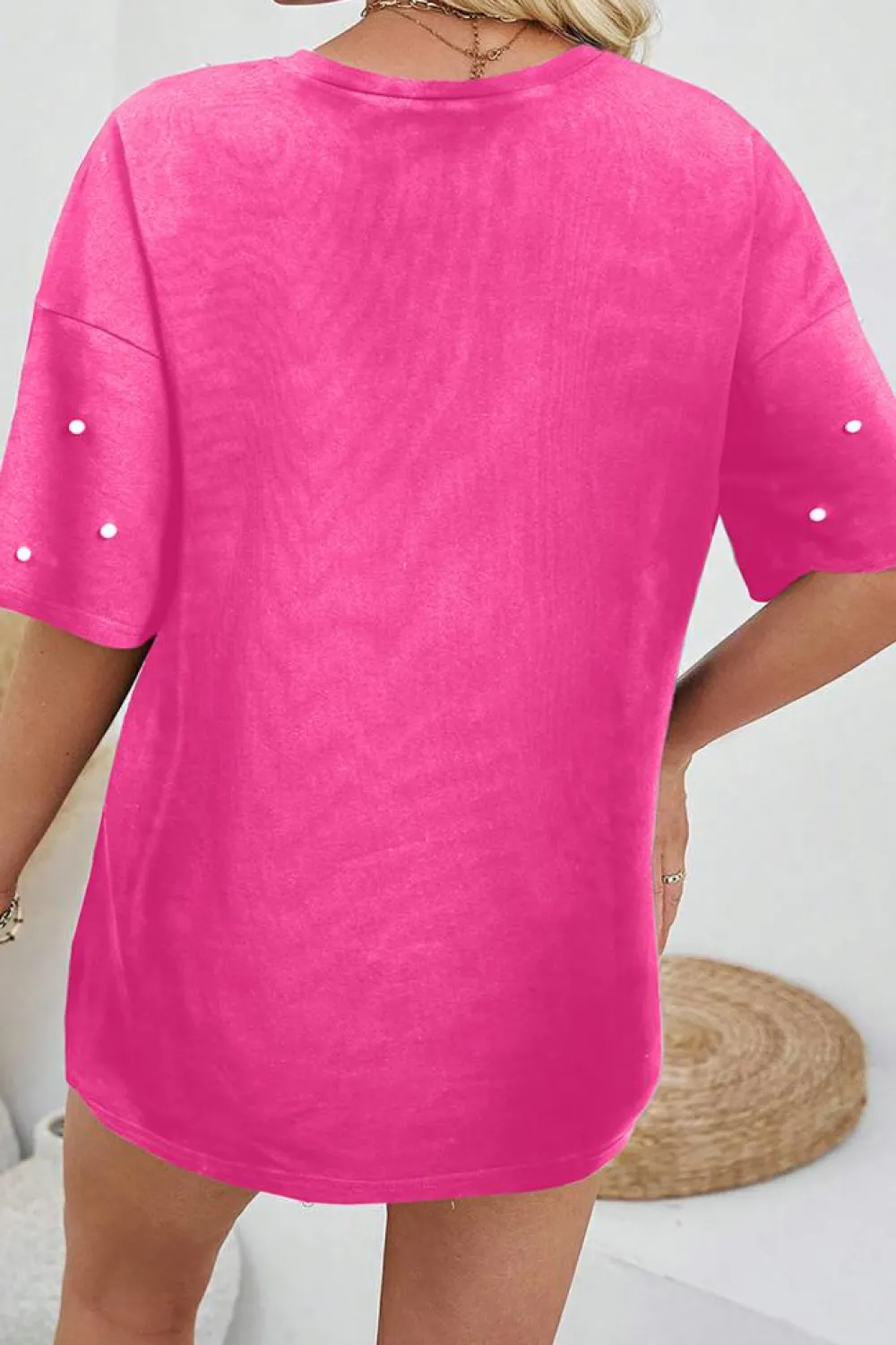 Best Dear-Lover Pearl Beaded Drop Shoulder Crewneck T Shirt Bright Pink