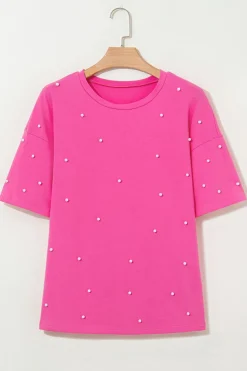 Best Dear-Lover Pearl Beaded Drop Shoulder Crewneck T Shirt Bright Pink