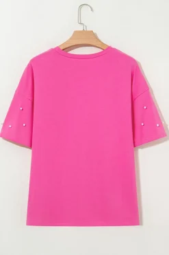 Best Dear-Lover Pearl Beaded Drop Shoulder Crewneck T Shirt Bright Pink