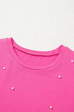 Best Dear-Lover Pearl Beaded Drop Shoulder Crewneck T Shirt Bright Pink