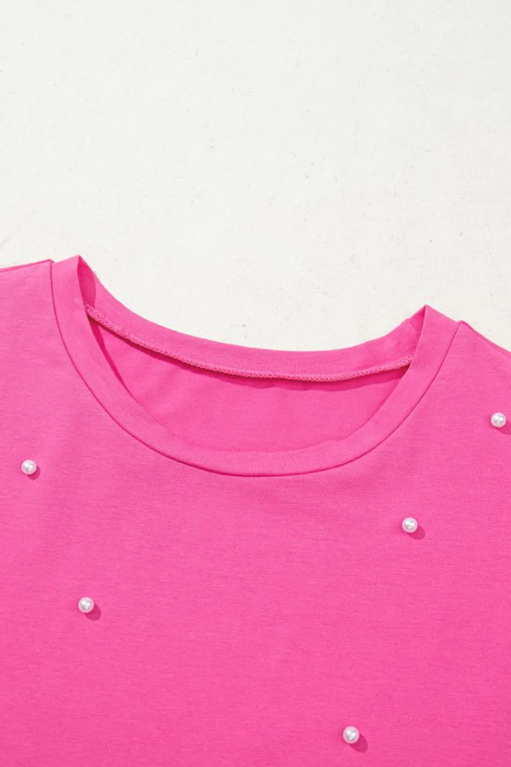 Best Dear-Lover Pearl Beaded Drop Shoulder Crewneck T Shirt Bright Pink