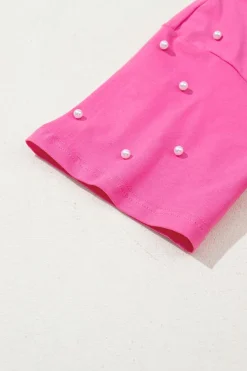 Best Dear-Lover Pearl Beaded Drop Shoulder Crewneck T Shirt Bright Pink