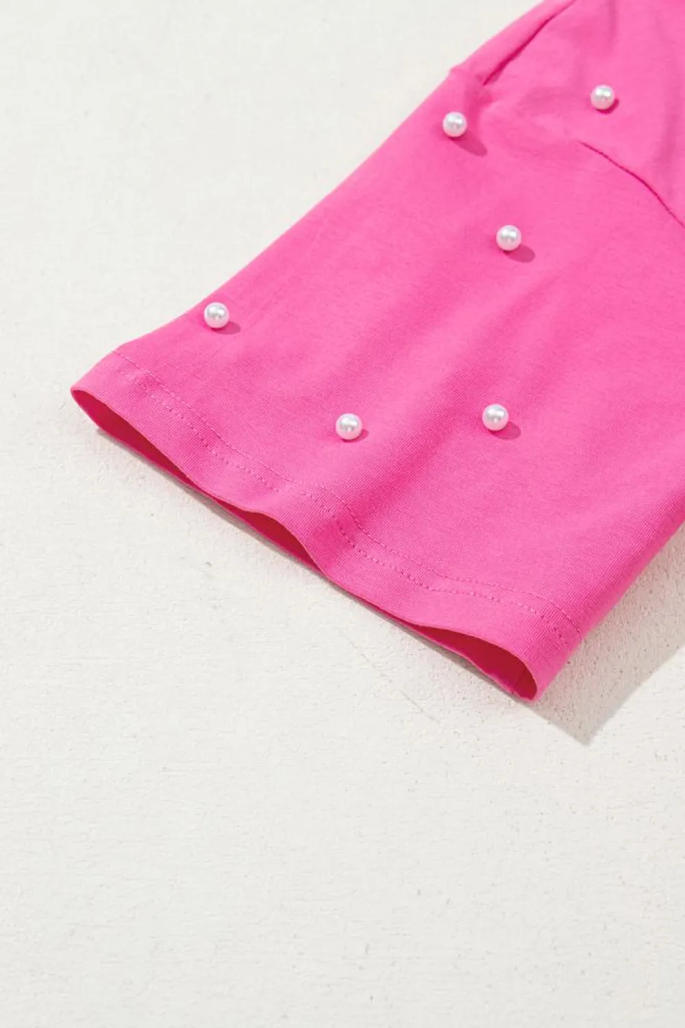 Best Dear-Lover Pearl Beaded Drop Shoulder Crewneck T Shirt Bright Pink