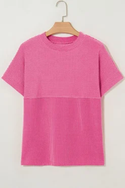 Best Dear-Lover Plain Corded Knit Mock Neck T Shirt Bright Pink