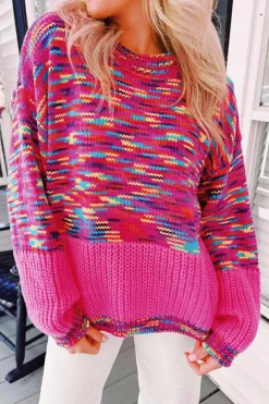 Sale Dear-Lover Rainbow Confetti Drop Shoulder Sweater Bright Pink