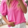 Discount Dear-Lover Ribbed Pearl Beaded Puff Sleeve Top Bright Pink