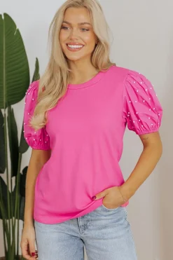 Discount Dear-Lover Ribbed Pearl Beaded Puff Sleeve Top Bright Pink
