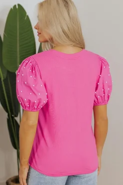 Discount Dear-Lover Ribbed Pearl Beaded Puff Sleeve Top Bright Pink