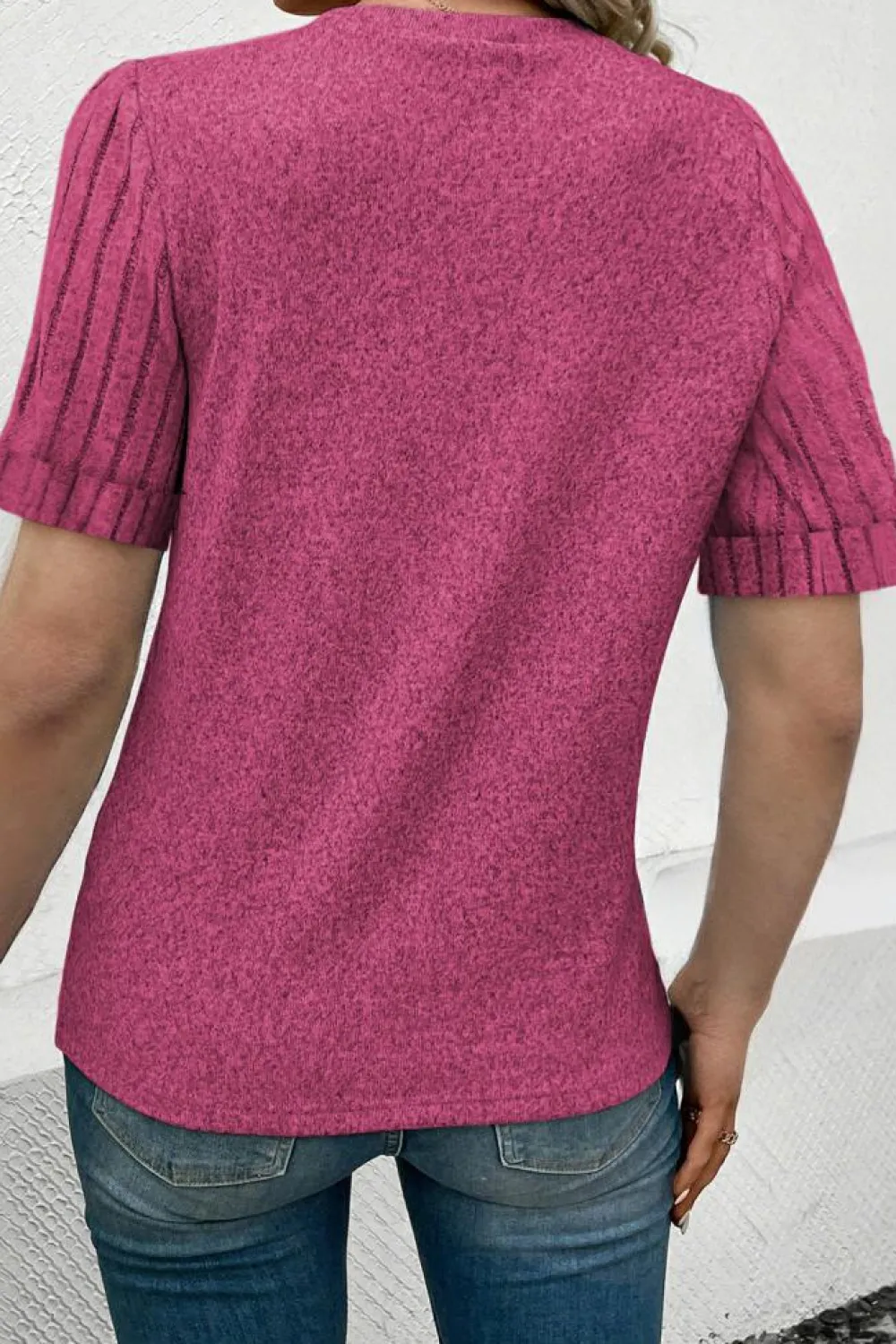 Online Dear-Lover Ribbed Splicing Sleeve Round Neck T-shirt Bright Pink