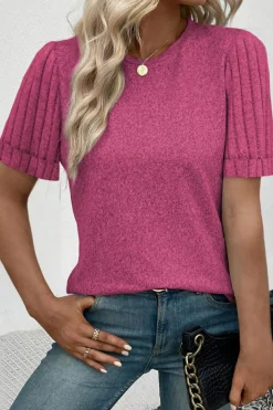 Online Dear-Lover Ribbed Splicing Sleeve Round Neck T-shirt Bright Pink
