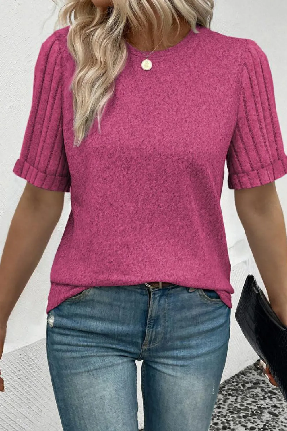 Online Dear-Lover Ribbed Splicing Sleeve Round Neck T-shirt Bright Pink