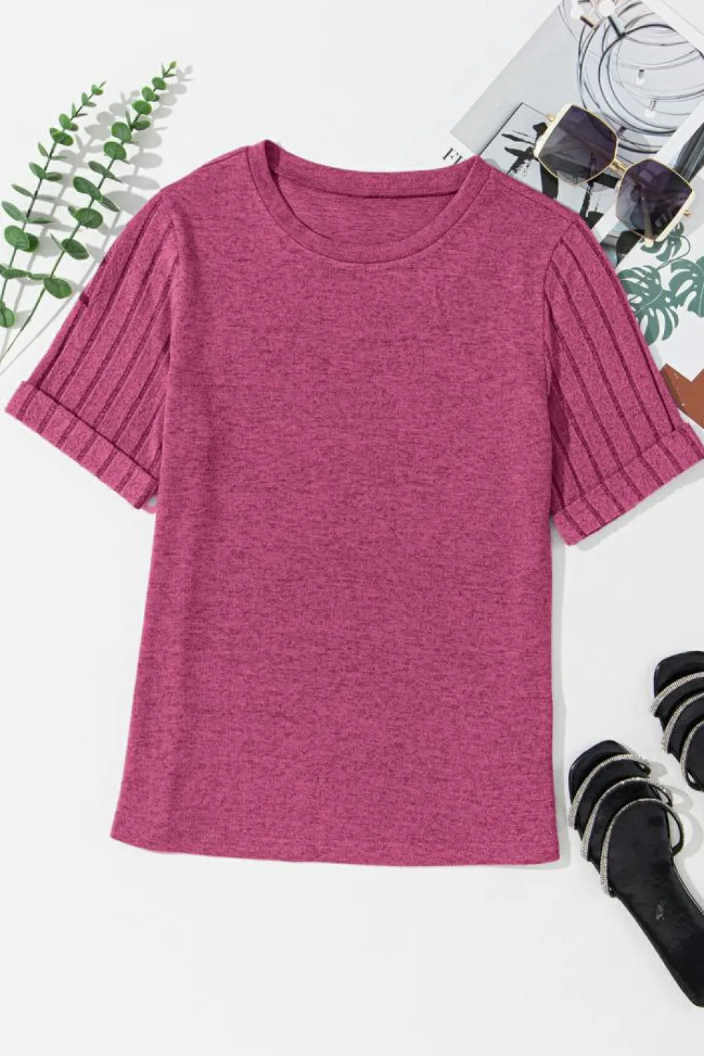 Online Dear-Lover Ribbed Splicing Sleeve Round Neck T-shirt Bright Pink