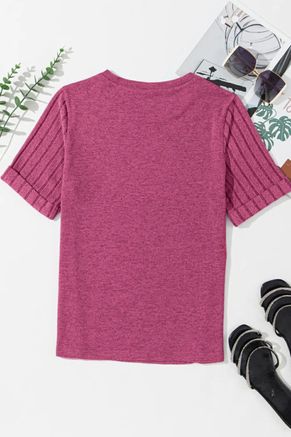 Online Dear-Lover Ribbed Splicing Sleeve Round Neck T-shirt Bright Pink
