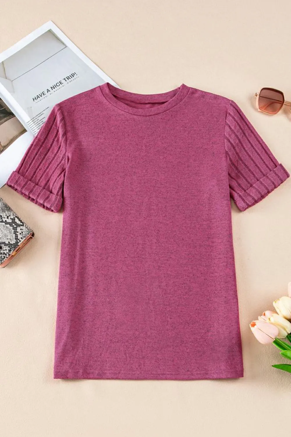Online Dear-Lover Ribbed Splicing Sleeve Round Neck T-shirt Bright Pink