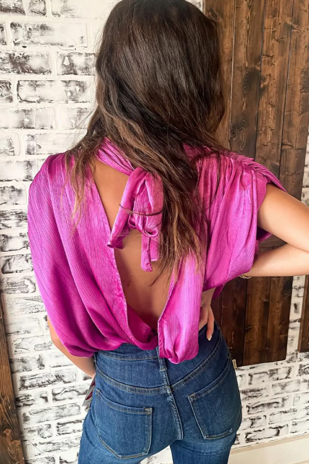 Outlet Dear-Lover Ruched Sleeves Knotted Backless Blouse Bright Pink