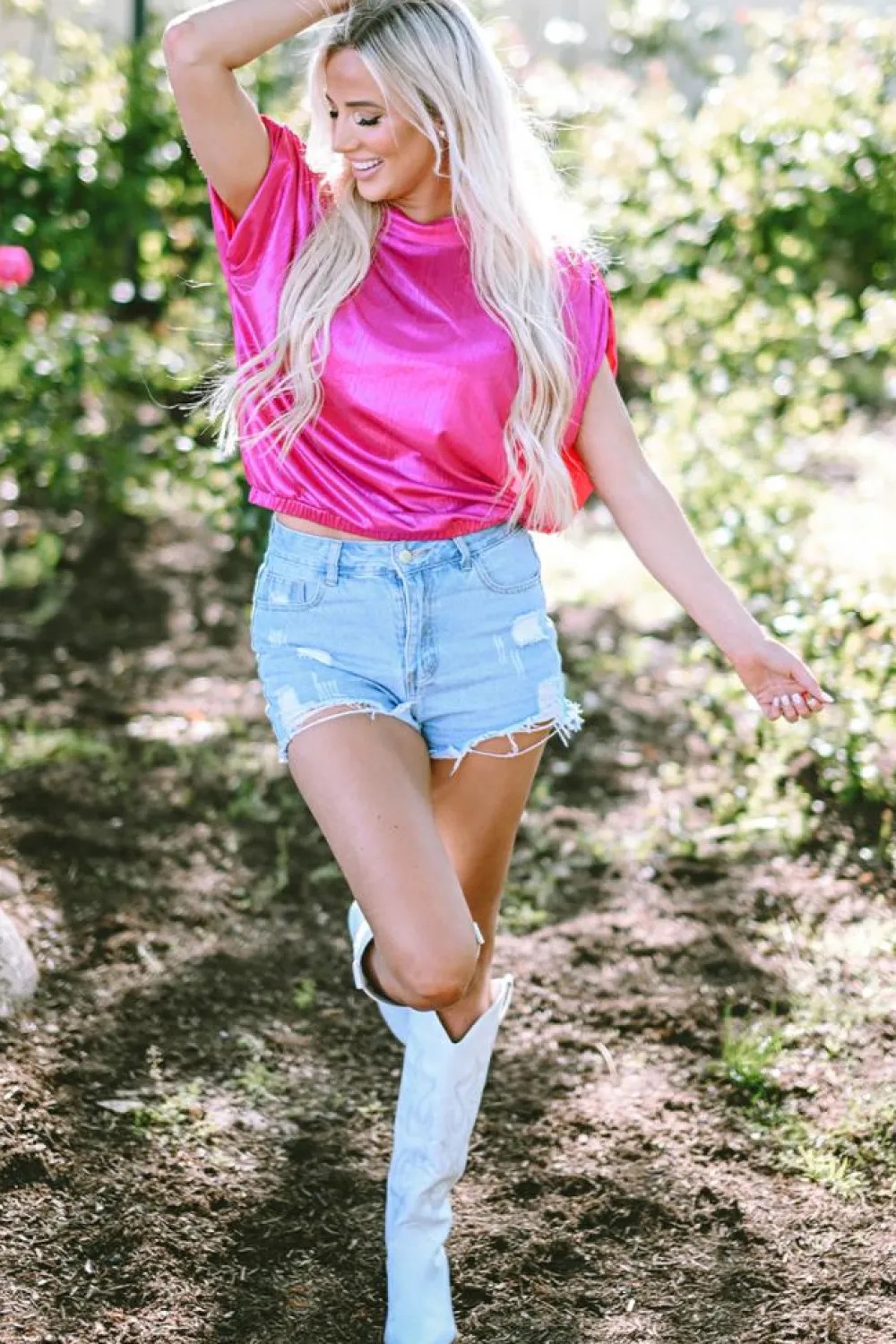 Outlet Dear-Lover Ruched Sleeves Knotted Backless Blouse Bright Pink