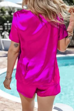Outlet Dear-Lover Satin V Neck Tee and Drawstring Shorts Set Bright Pink